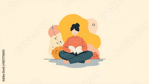 world introvert day vector icon, calm person reading a book with soft shapes, minimal flat design, centered on isolated colorful background