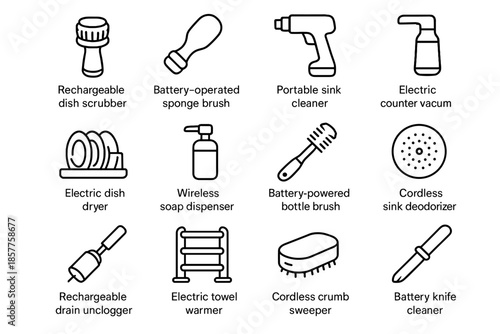 Cordless dryer brush sink cleaning dispenser warmer vector rechargeable scrubber battery icon