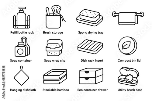 Icon dishwashing utility stackable refill soap icons vector eco dishcloth drawer sponge