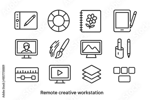 Pen timeline clipboard digital remote icon layer color photo workstation charger vector