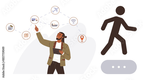 Man interacting with network of icons representing transport, home, navigation, and technology. Ideal for connectivity, transport, innovation, technology, navigation network digital solutions