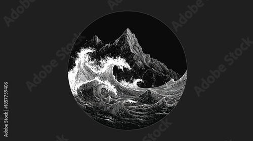 Dramatic monochrome illustration of powerful ocean waves crashing against jagged mountains, depicting a stormy sea and majestic peaks within a circular frame.