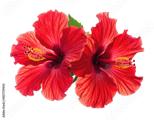 Two vibrant hibiscus blossoms with intricate petals and a central yellow stamen
