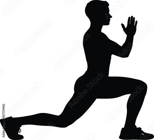 Black silhouette of a woman performing a deep lunge yoga pose with prayer hands isolated on a white background for fitness