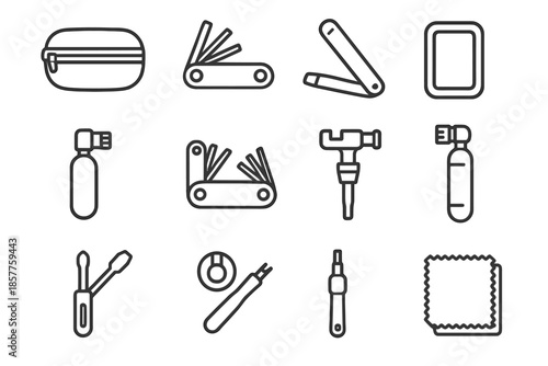 Vector bicycle inflator patch icons tire mini wrench tool lever icon zippered