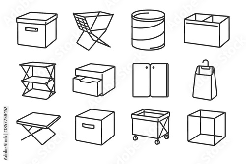 Icon fold shelf bin compact icons collapsible magnetic tray foldable vector laundry