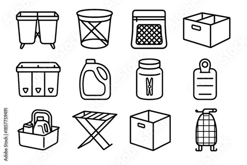 Set hamper laundry caddy detergent divided fabric vector dispenser icon wash bin