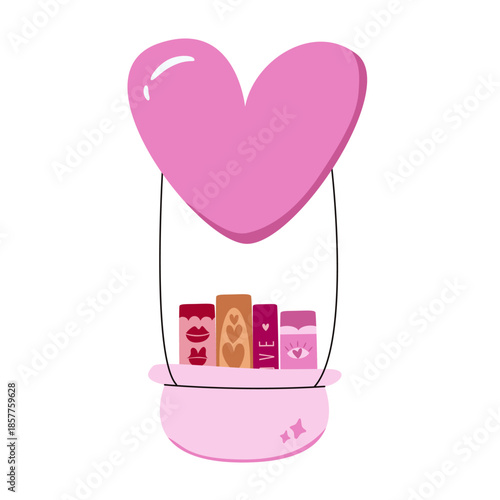 Valentine's Day card element. Heart shaped balloon and basket with books, pink symbol illustration.