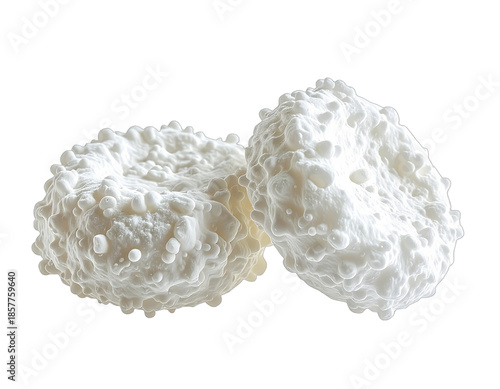 Macro view of two amorphous, textured white objects, resembling organic forms