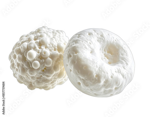 Close-up of two white, textured, spherical shapes with irregular surfaces against a dark background