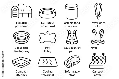 Vector harness cover collapsible pet travel belt food icon essentials portable container