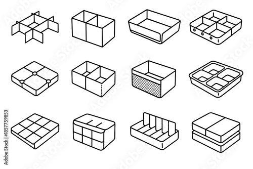 Foldable insert drawer square pouch grid vector panel fabric modular sections icon