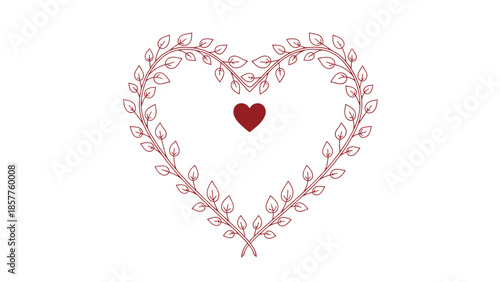 Delicate heart shaped wreath of reddish brown branches with a small red heart in the center on isolated white background