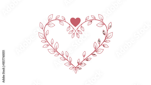 Elegant heart shaped wreath of branches and leaves with small heart and ladybug on isolated white background