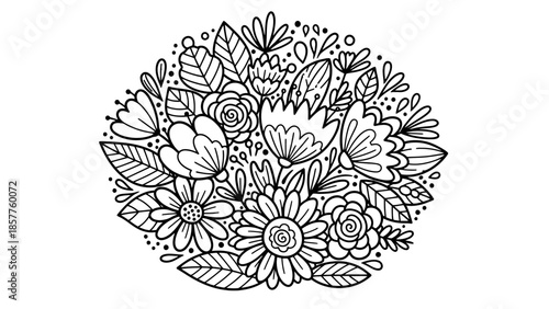 Intricate Black and White Circular Floral Doodle Pattern, isolated white background.