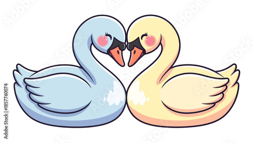 Loving Couple of Swans Forming a Heart Shape, isolated white background.