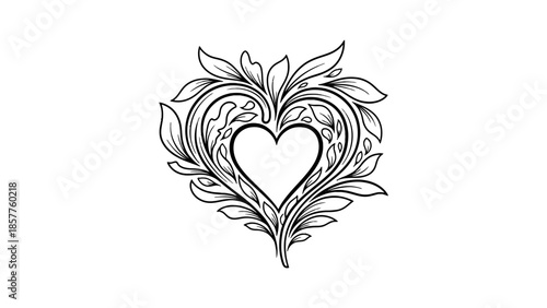 Elegant Heart Shape Floral Ornament Outline on Isolated White Background