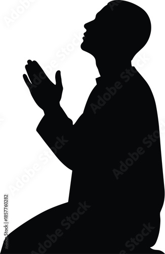 Silhouette of man praying on knees, religious faith concept, asking God for help, spiritual worship vector isolated.