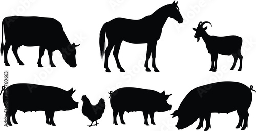 Set of isolated black vector silhouettes featuring farm animals like cow, horse, goat, pig, and chicken on white background.