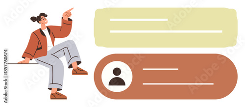 Stylish woman seated, pointing in conversation next to two rectangular UI text blocks. Ideal for communication, technology, teamwork, interaction, design, innovation modern workspaces. Simple flat