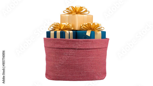 Gift box gold ribbon blue box present celebration festive surprise holiday decorative red basket. Elegant gift boxes with gold ribbons and blue wrapping arranged red woven basket creating festive
