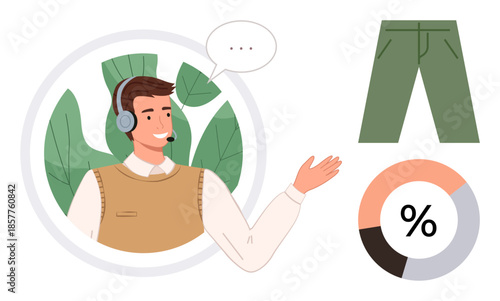 Customer service agent with headset presenting eco-friendly pants, sales statistics, and circular chart. Ideal for customer support, fashion, sustainability, e-commerce, analytics, presentations