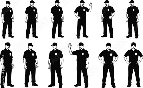 Set of isolated black vector silhouettes of security guard or police officer men in uniform with cap standing on white background.