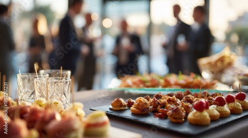 A table displays an assortment of appetizers and glasses in the foreground, with blurred figures in business attire conversing in background