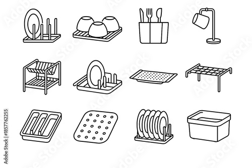 Vector dish rack bowls stacker organization bridge tray stand compact icon vertical