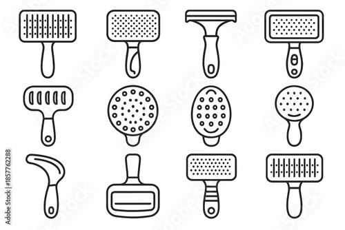 Round vector handle grooming handheld bristle surface brush icon pet curved