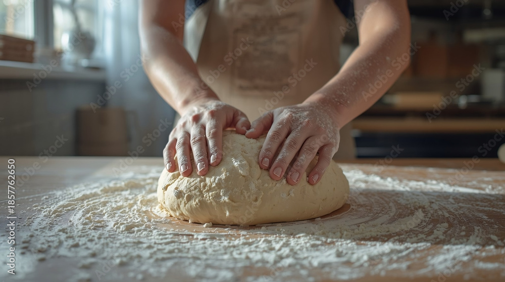 Obraz premium Hands kneading dough on a floured surface in a bakery kitchen. Natural light, minimal background. Concept of baking and artisanal food production.