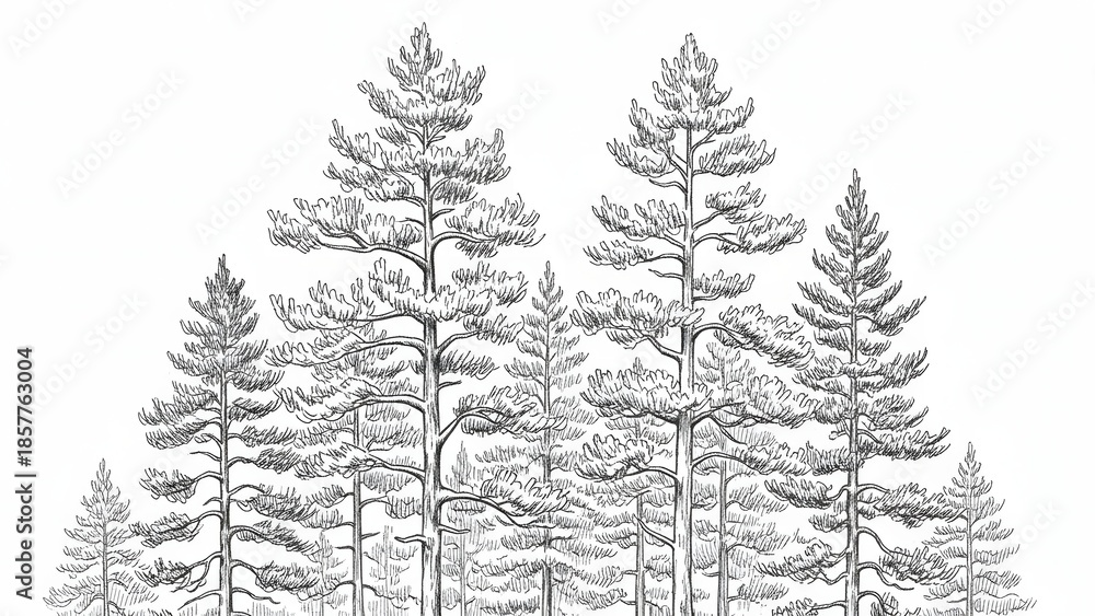 Obraz premium Detailed black and white illustration of pine trees in forest setting