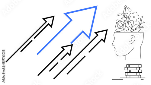 Upward arrows signify progress beside a human head sprouting flowers, symbolizing creativity. Ideal for personal growth, innovation, success, education, mindfulness, strategy achievement. Simple