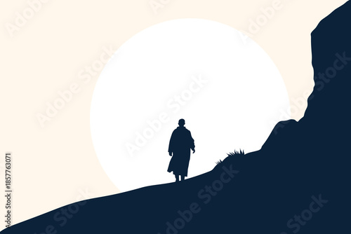 Silhouette of man standing on rock between cliff and floating boulder, modern flat vector illustration symbolizing decision, choice, risk, challenge, opportunity, courage and life crossroads.