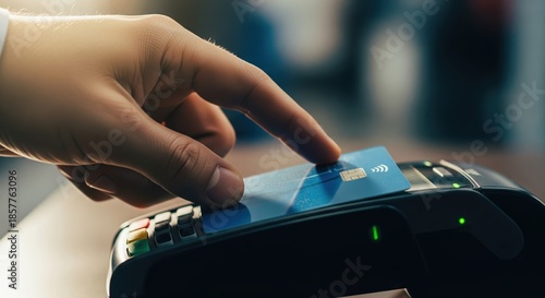 Hand Using Credit Card on Contactless Payment Terminal for Quick Transaction