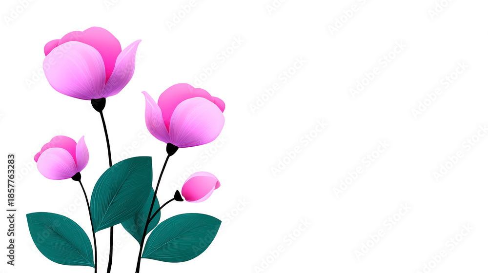 Fototapeta premium Pink flower green leaf nature botanical floral spring blossom garden decorative illustration. Pink flower with green leaf botanical illustration showing spring blossom decorative and elegant style