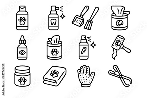Vector hygiene icons roller poop glove deodorizing fur drops towel pet icon