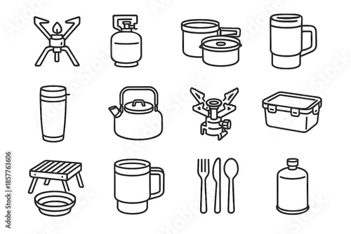 Portable set burner mug bowl foldable icon cartridge cooking vector cookware container