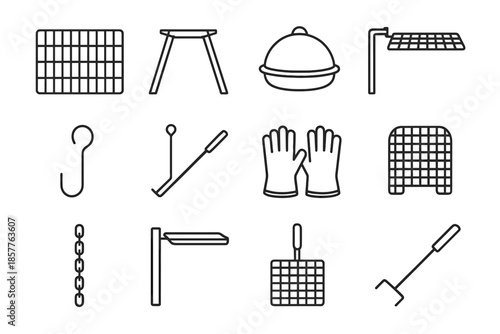 Icon legs gear gloves lid grill firepit cooking metal guard vector side