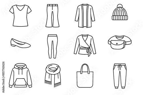 Walking tee icon outline vector hoodie cardigan outfit pants knit scarf loose