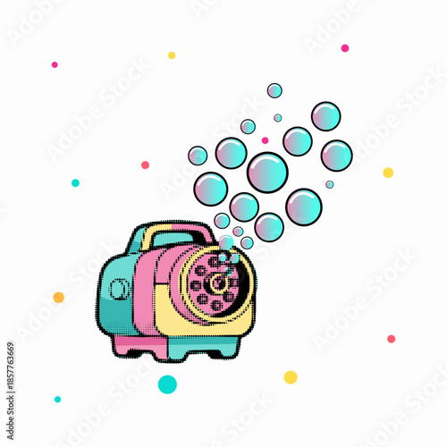 Halftone pop art dot retro electric bubble machine blowing colorful soap bubbles with texture vector illustration