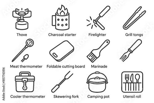 Icons board tool thermometer marinade meat pot vector utensil camping stick icon