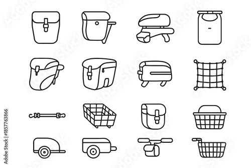 Gear bag icon basket bungee bicycle pannier vector top trunk tool accessory