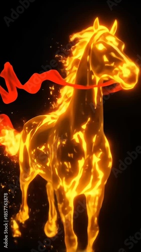 Elegant Fire Horse silhouette made of liquid gold and translucent red silk trails. High-end side-tracking shot featuring dramatic studio lighting and a powerful zodiac theme