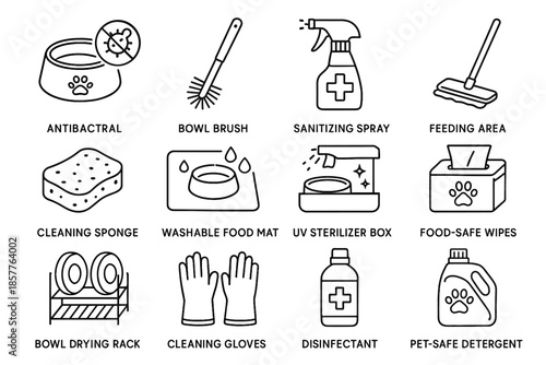 Icon feeding spray bowl gloves cleaning vector station rack mat detergent hygienic