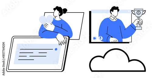 People interacting with digital content on tablets and online platforms. Themes social networking, cloud storage, virtual achievements, digital media, user engagement, remote communication