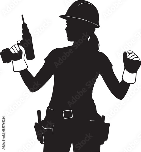 Woman Construction Worker with Drill Silhouette isolated on transparent background