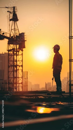 Construction worker silhouetted against a vibrant sunset with crane and city skyline