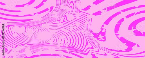 Optical illusion background. Distorted pink and red abstract contour line surface. Radial wave poster design. Stunning zigzag illustration wallpaper. Vector rotating hypnotic illustration.