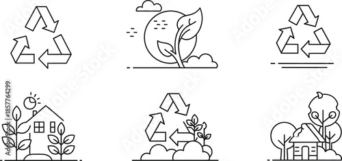 Collection of minimalist line art icons representing ecological concepts including recycling symbols growth earth care and sustainable living environments